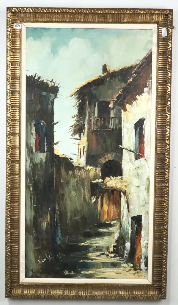 J Cortes? European Village Scene. Oil on Board. Signed Image 1++