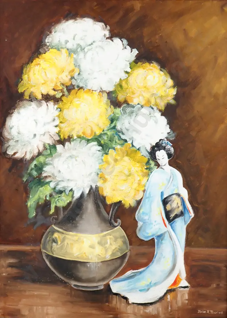 Joan E. Thomas - Untitled, Vase of Chrysanthemums w Statuette of a Japanese Woman in a Kimono, Oil Image 1++