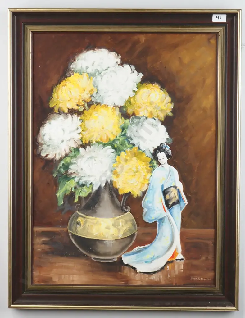 Joan E. Thomas - Untitled, Vase of Chrysanthemums w Statuette of a Japanese Woman in a Kimono, Oil Image 1++