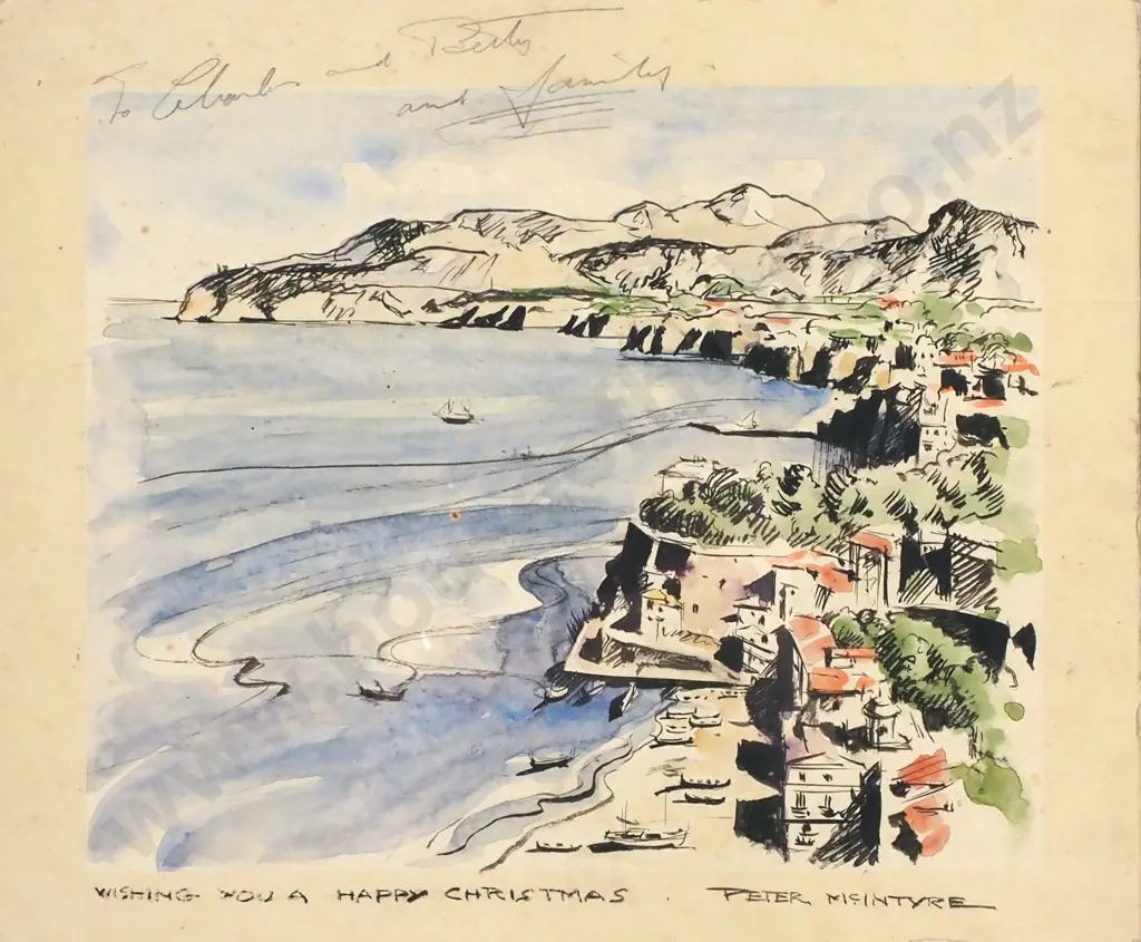 Peter McIntyre - 'Wishing You a Merry Christmas', Ink & Wash on Card Image 1++