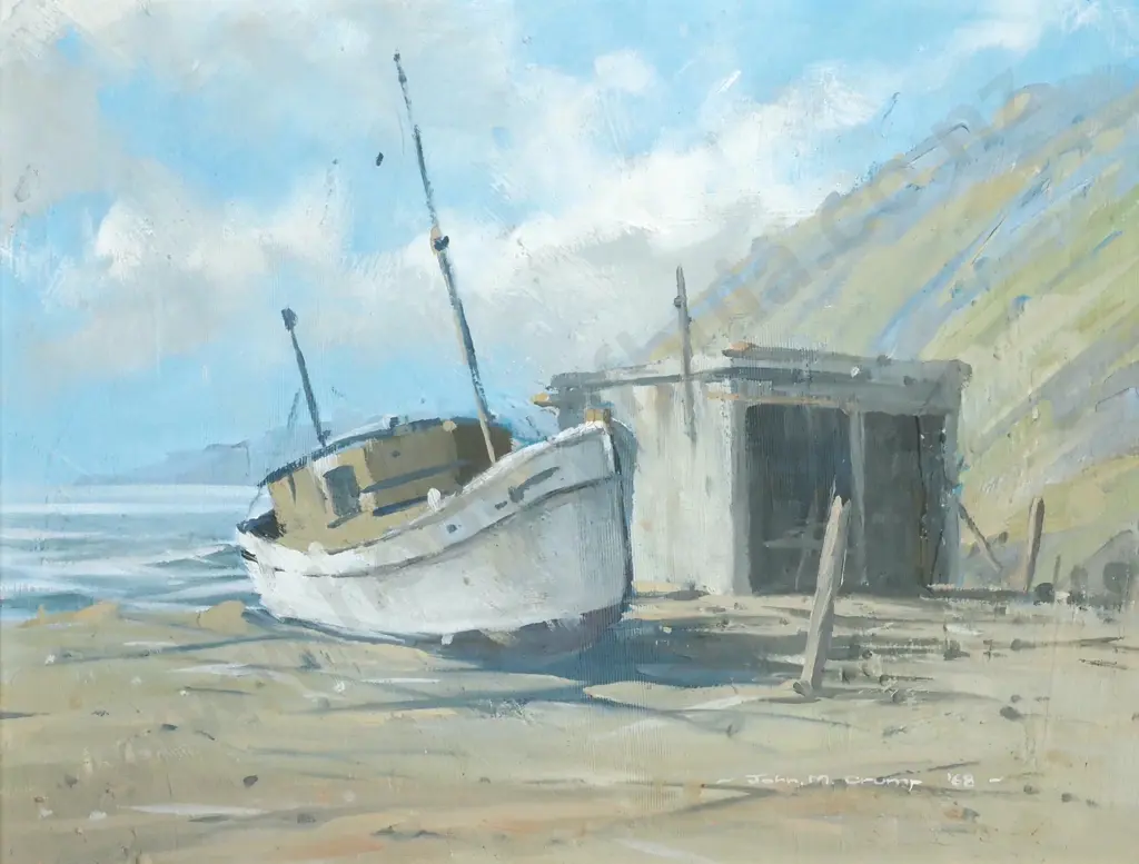 John M Crump - 'Old Trawler, Makara Beach', Oil Image 1++