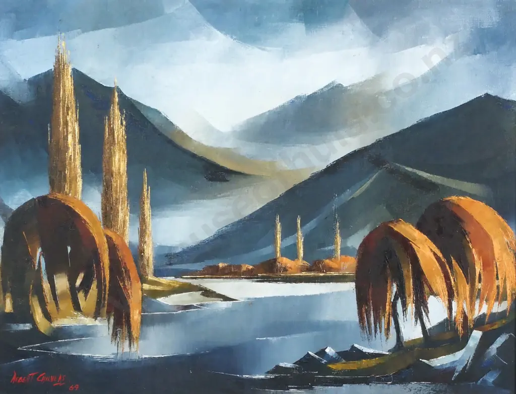 Robert Chilvers - 'Dark Sky over Pelorus Sound', Oil on Board (1969) Image 1++