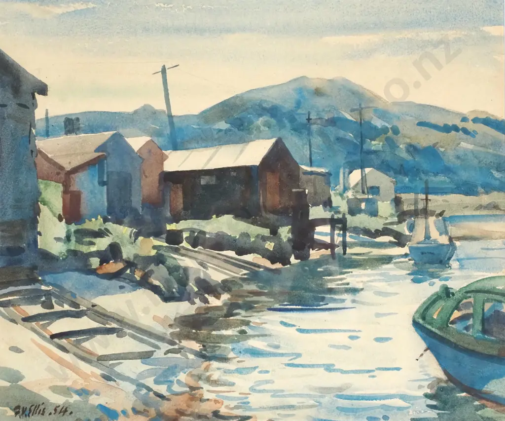 Frederick Ellis - Boat Sheds, Watercolour (1954) Image 1++