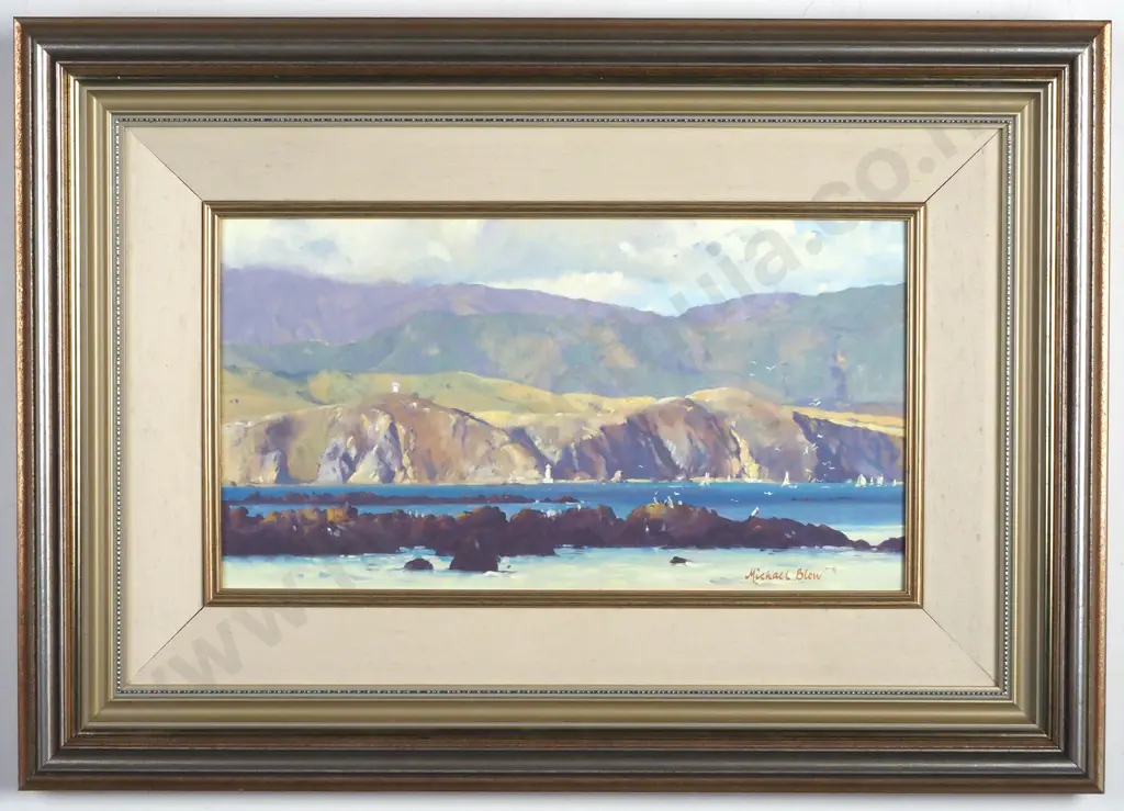 Michael Blow - Coastal Scene w Sailboats & Lighthouses, Oil on Board Image 1++