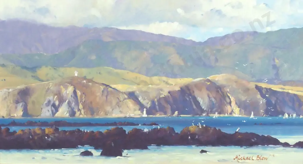 Michael Blow - Coastal Scene w Sailboats & Lighthouses, Oil on Board Image 1++