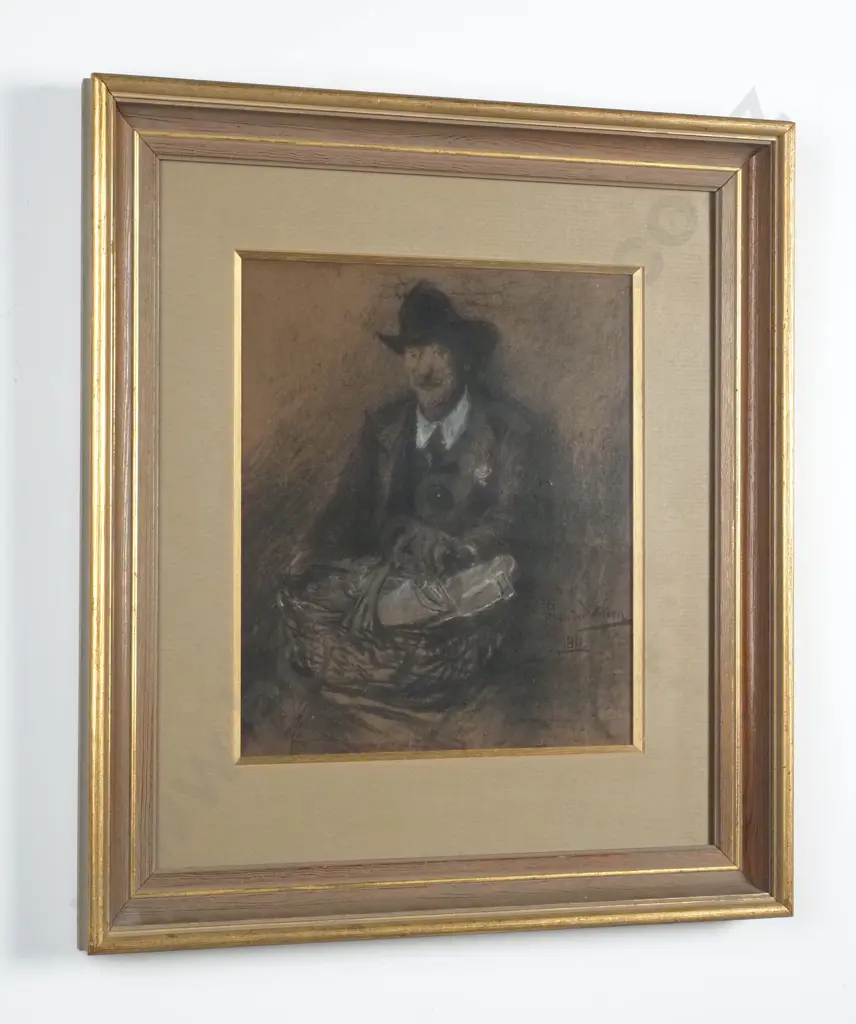 Petrus van der Velden - 'Seated Man w Basket', Charcoal & Dark Wash on Paper Image 1++