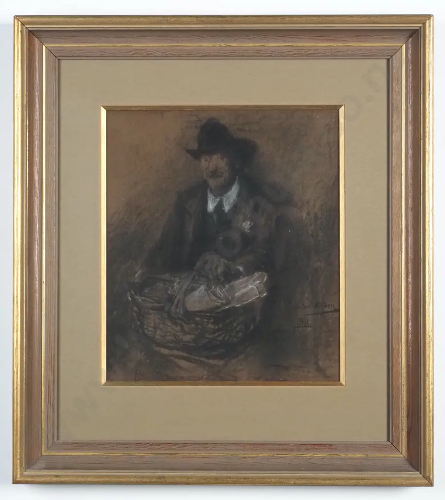 Petrus van der Velden - 'Seated Man w Basket', Charcoal & Dark Wash on Paper Image 1++