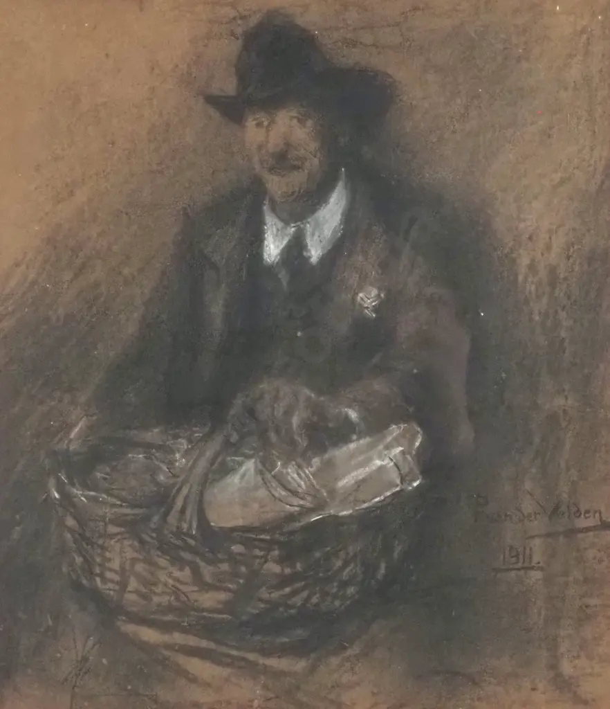 Petrus van der Velden - 'Seated Man w Basket', Charcoal & Dark Wash on Paper Image 1++