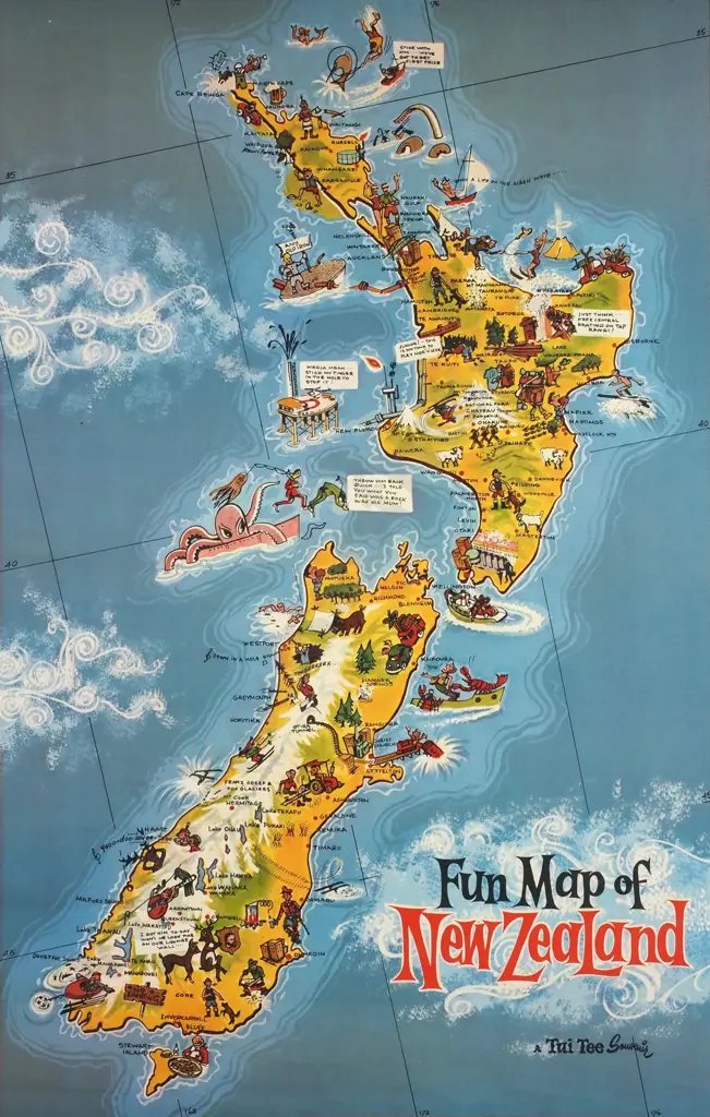 Artist Unknown - Fun Map of New Zealand, Print (c. 1940s) Image 1++