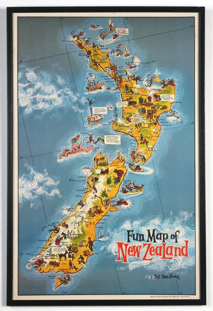 Artist Unknown - Fun Map of New Zealand, Print (c. 1940s) Image 1++