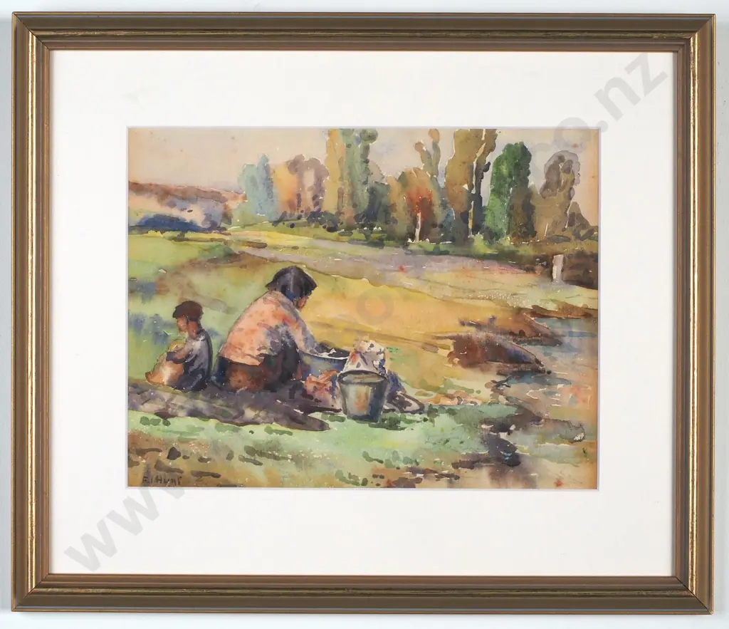 Frances Hunt - Washing Day, Shores of Lake Taupo, Watercolour  Image 1++