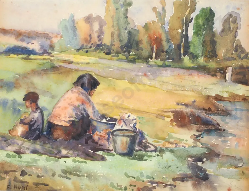 Frances Hunt - Washing Day, Shores of Lake Taupo, Watercolour  Image 1++