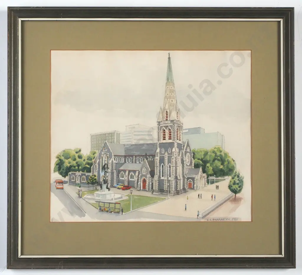 C.C.Pharazyn - 'Christchurch Cathedral', Watercolour & Pencil on Paper (1981) Image 1++