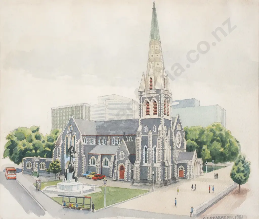 C.C.Pharazyn - 'Christchurch Cathedral', Watercolour & Pencil on Paper (1981) Image 1++