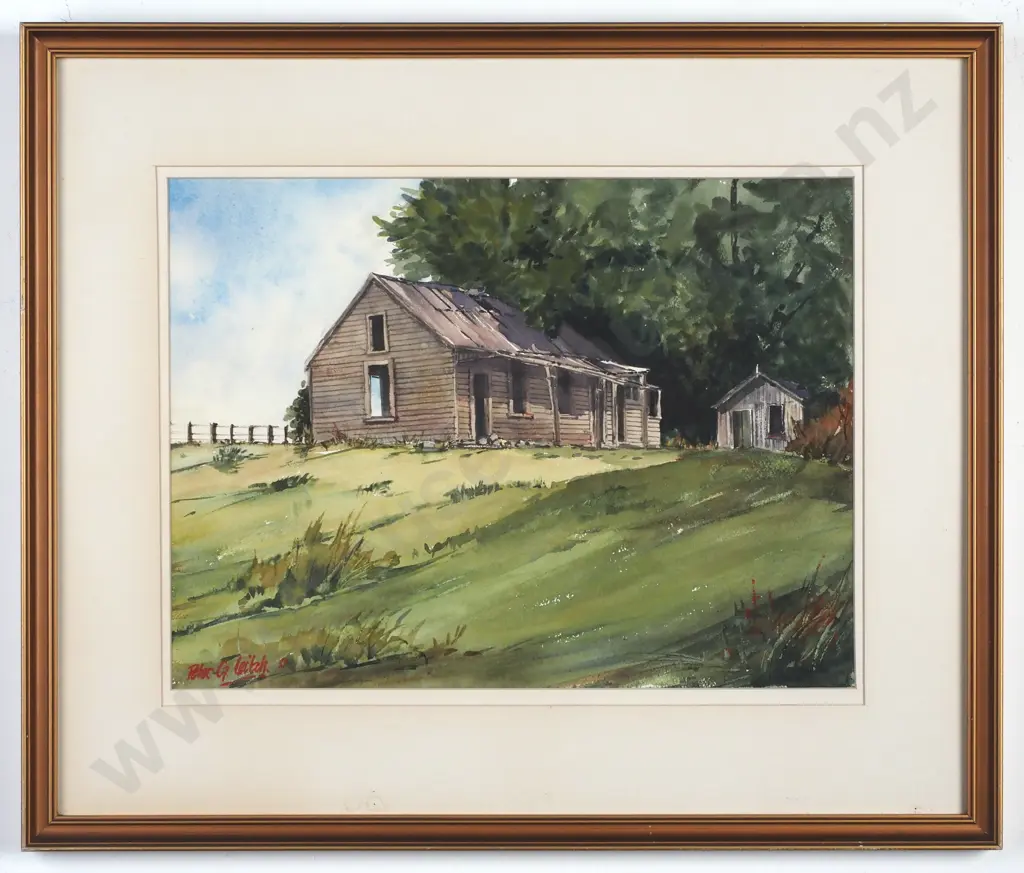 Peter G. Leitch - 'Old Farm Buildings, Taihape', Watercolour (1981) Image 1++