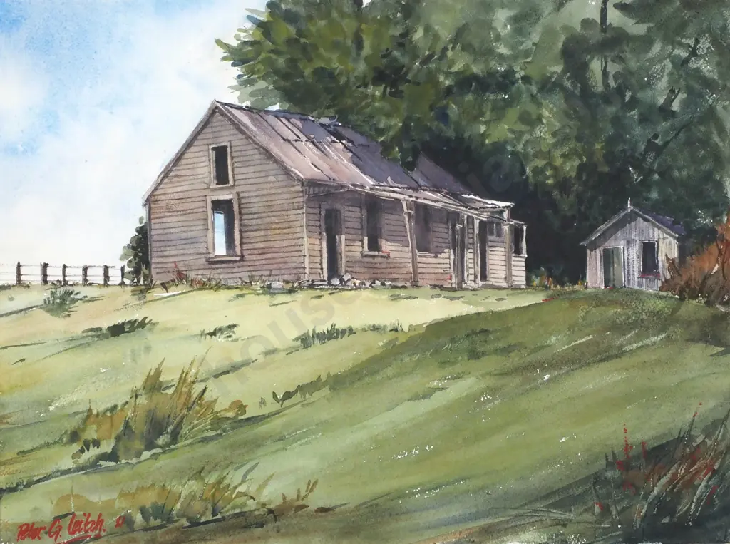 Peter G. Leitch - 'Old Farm Buildings, Taihape', Watercolour (1981) Image 1++