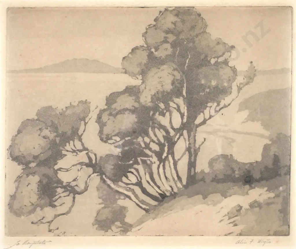 Alice F Whyte - 'To Rangitoto', Etching Image 1++