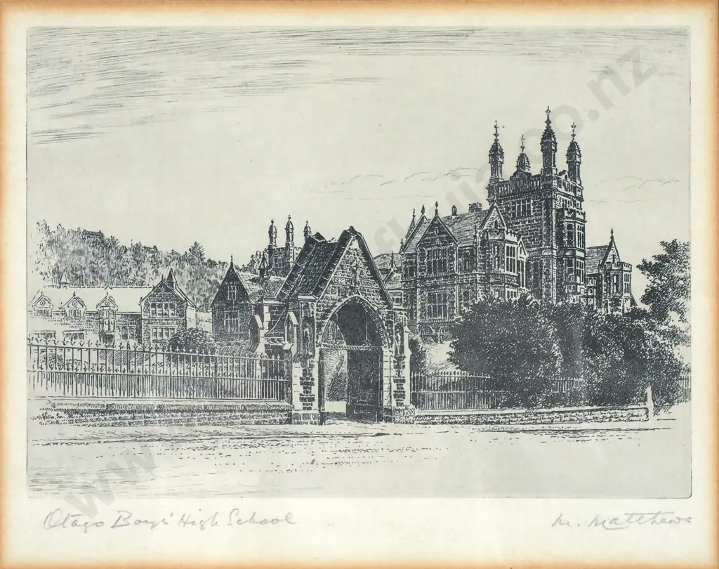 Marmaduke Matthews - 'Otago Boys High School', Etching Image 1++