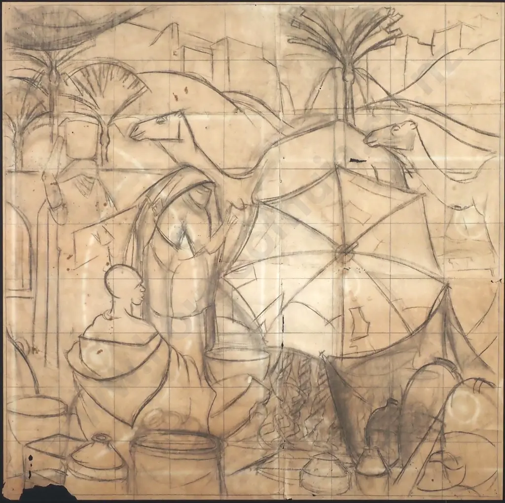 John Weeks - Moroccan Market Scene, Charcoal (c. 1920s) Image 1++