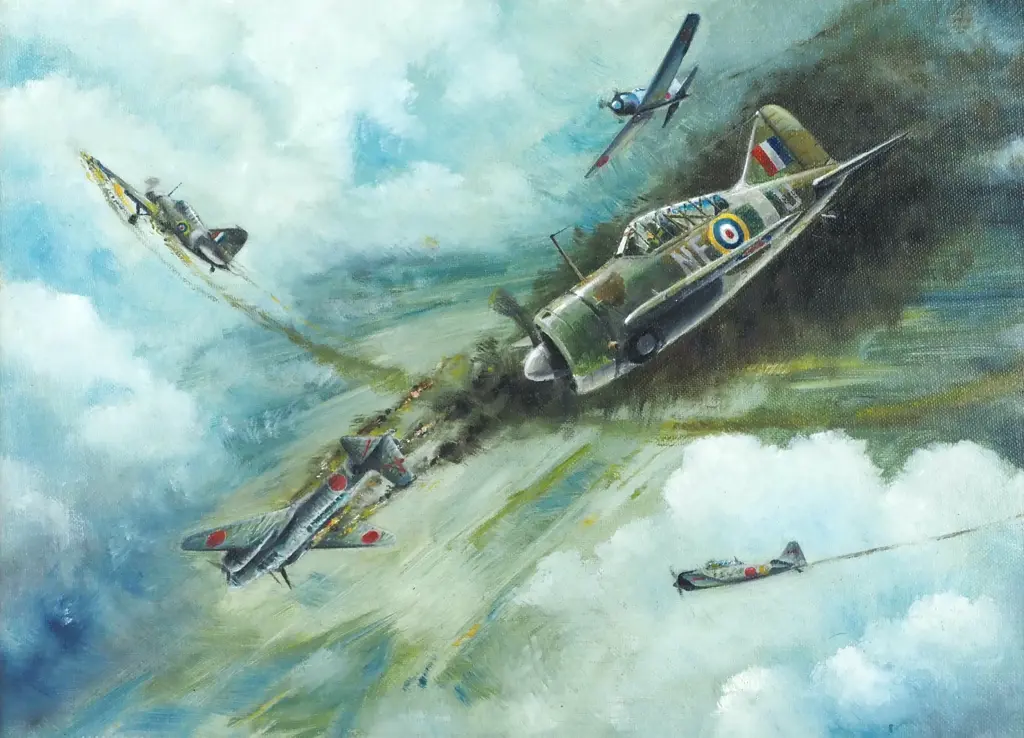 Don Wasley - ' RNZAF 488 Squadrons 1st Victory & Loss, 1942', Oil Painting on Board Image 1++