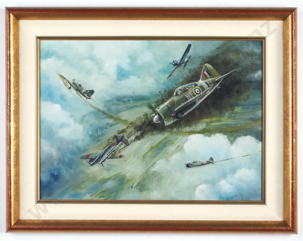 Don Wasley - ' RNZAF 488 Squadrons 1st Victory & Loss, 1942', Oil Painting on Board Image 1++