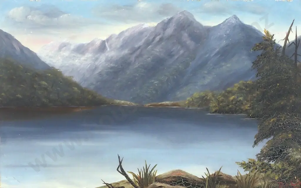 Possibly M Mullen - 'Re Re Lake Off Elfin Bay, Lake Wakatipu', Oil on Board (1899) Image 1++