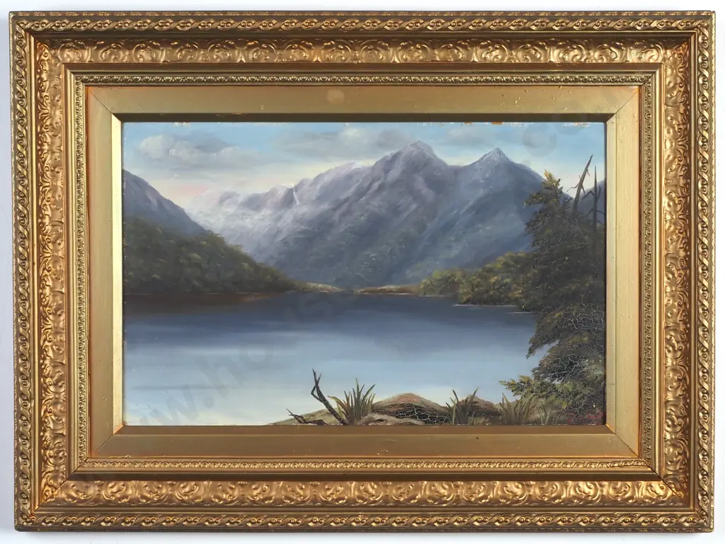 Possibly M Mullen - 'Re Re Lake Off Elfin Bay, Lake Wakatipu', Oil on Board (1899) Image 1++