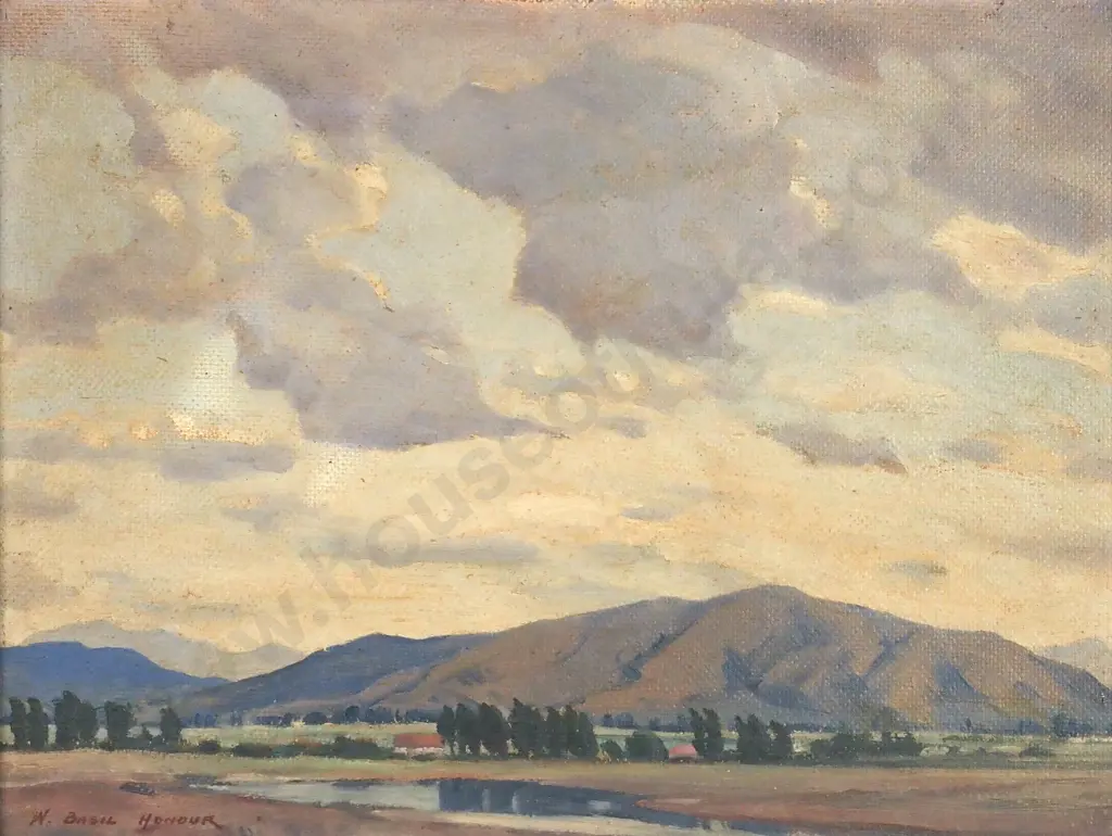 W Basil Honour - Hills & Farmland Scene, Oil on Canvas Board Image 1++