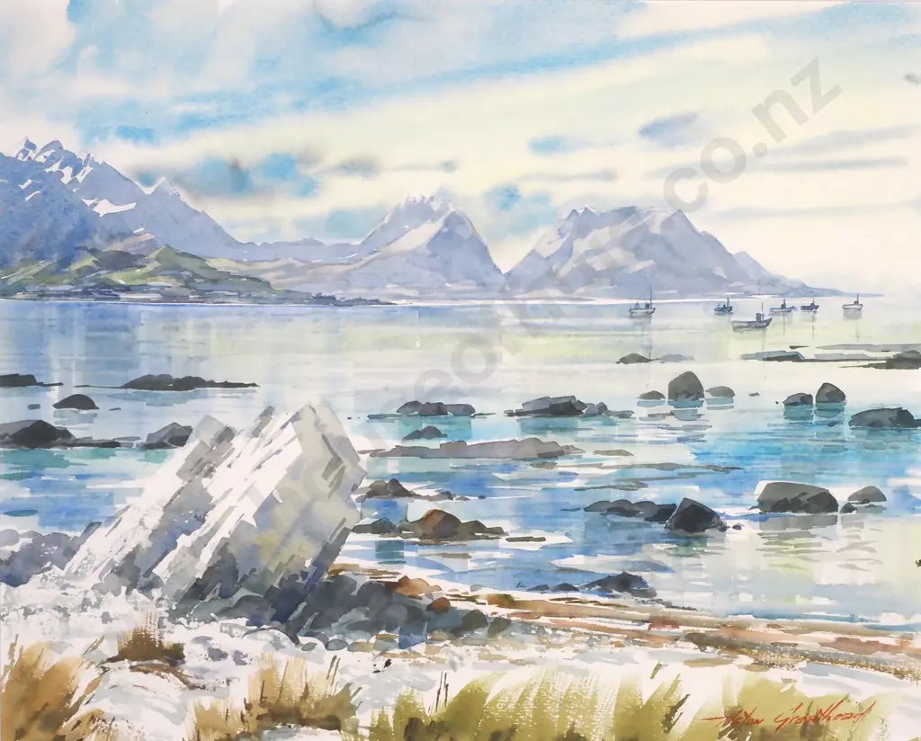Aston Greathead - Kaikoura Coast w Fishing Boats, Watercolour Image 1++