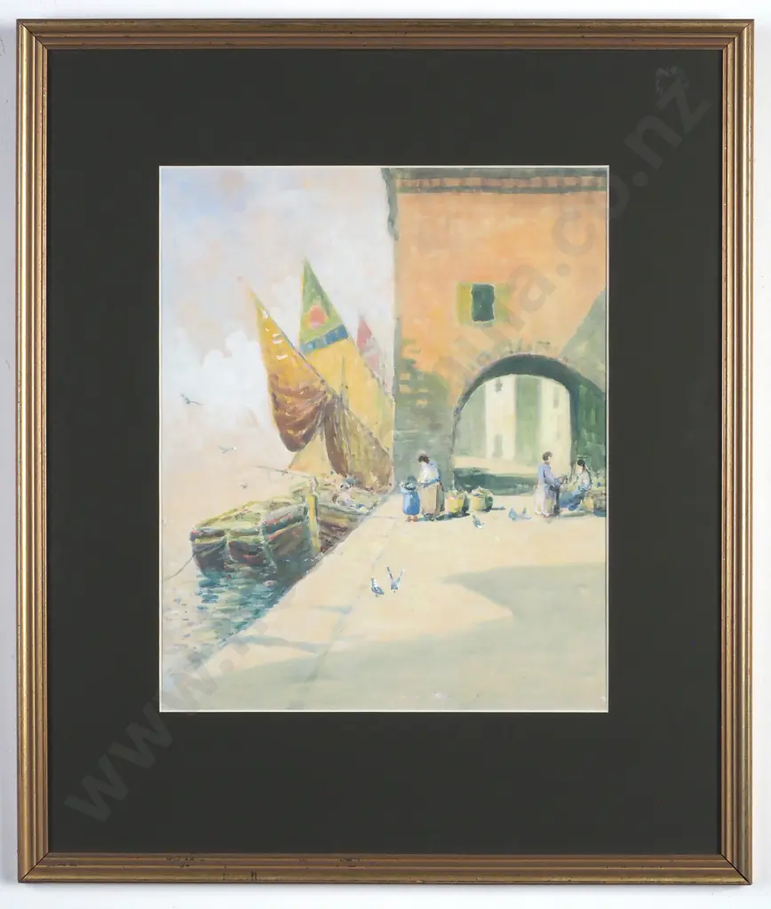 Blythe Fletcher - European Dockside Scene, Gouache Image 1++