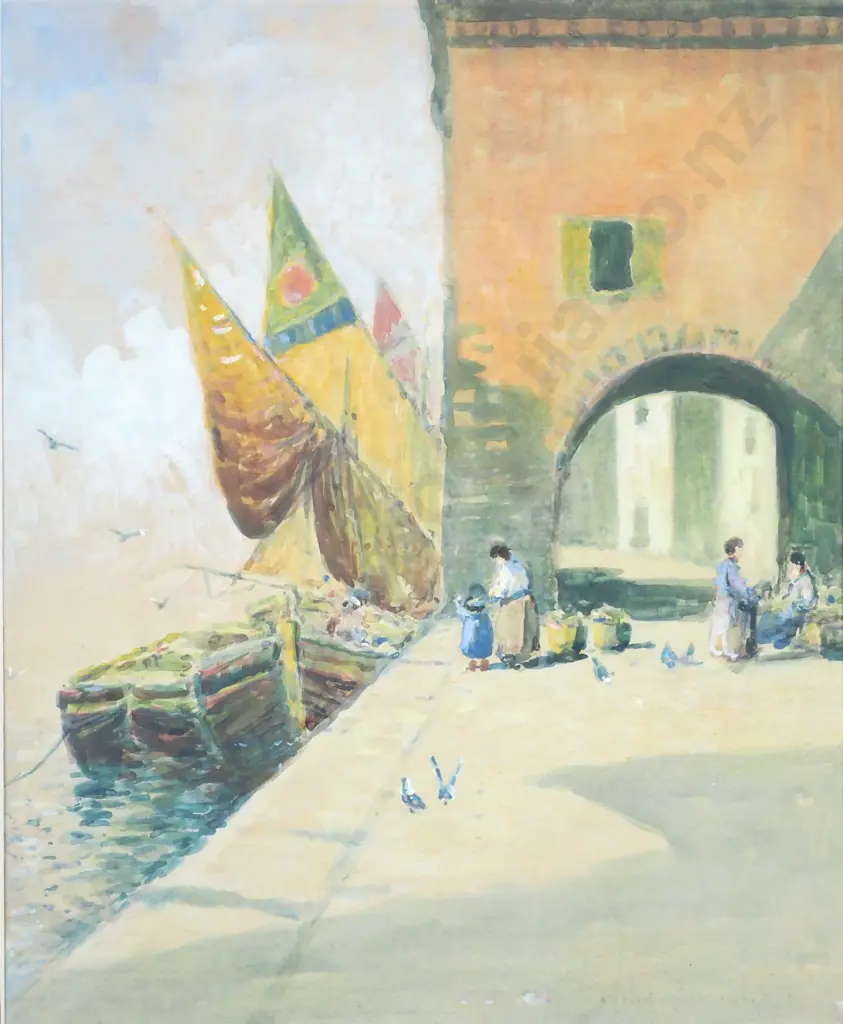 Blythe Fletcher - European Dockside Scene, Gouache Image 1++