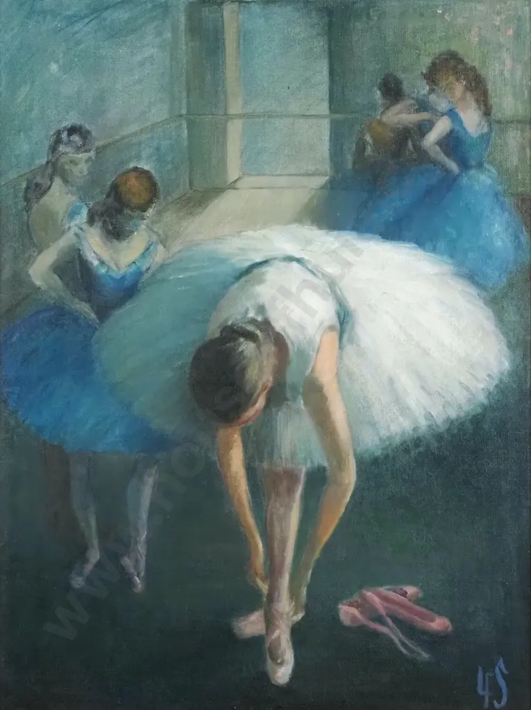 Louise Snyder - 'Ballerina Tying Shoe - Manner of Degas', Oil on Canvas Board Image 1++