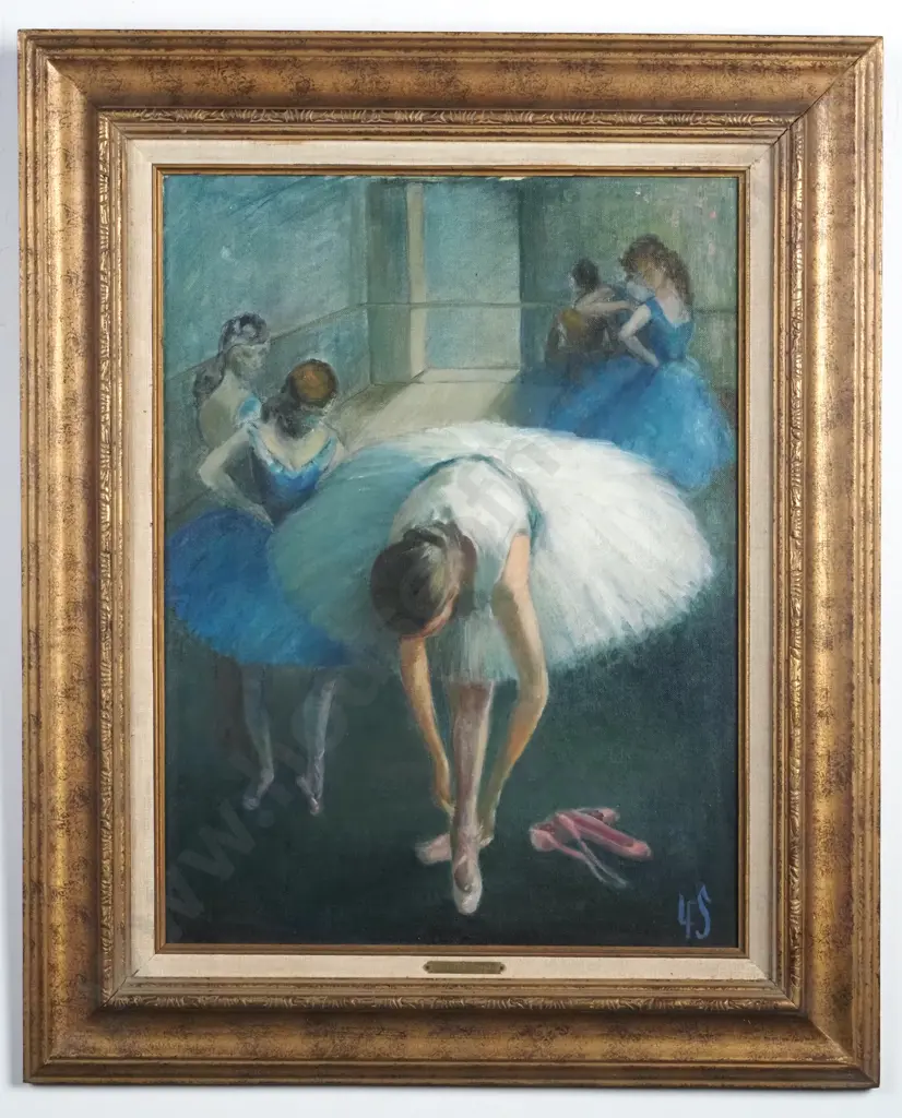 Louise Snyder - 'Ballerina Tying Shoe - Manner of Degas', Oil on Canvas Board Image 1++