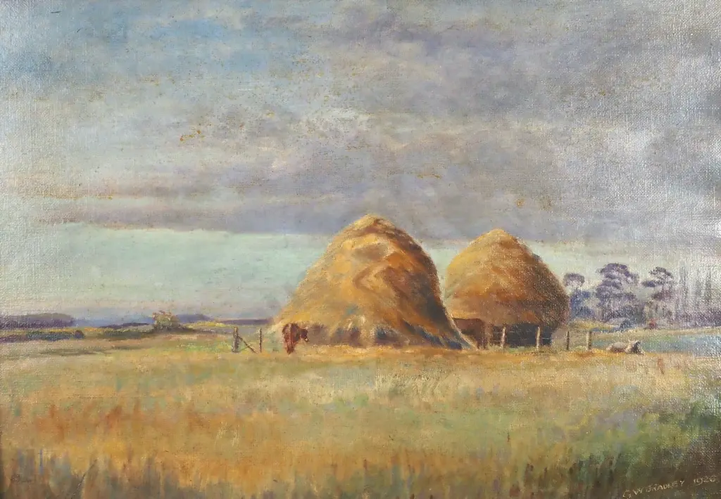 G W Bradley - Haystacks, Coutts Island, Oil Image 1++