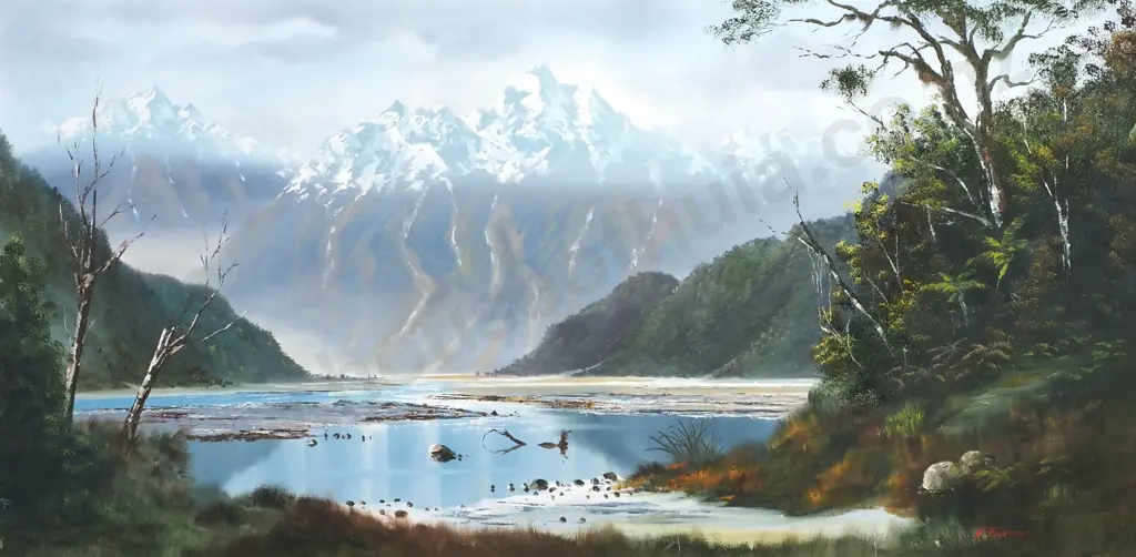 Michael Finnerty - 'South Island Mountain Lake Scene', Oil on Board Image 1++