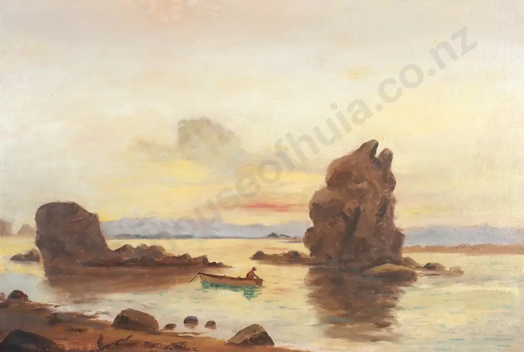 Attrib. J. Hollobon - 'Coastal Scene w Lone Fisherman', Oil on Board Image 1++