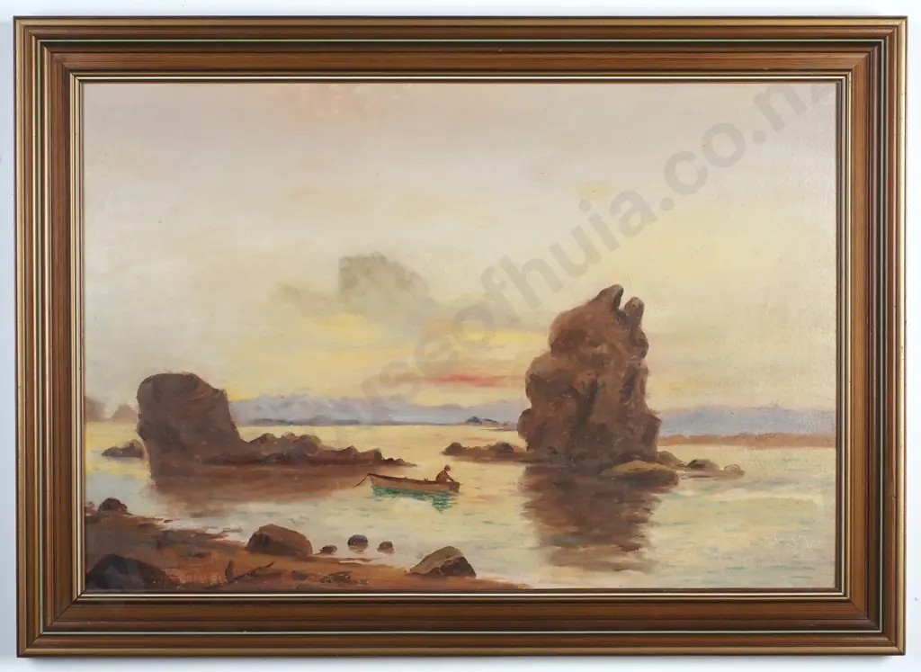 Attrib. J. Hollobon - 'Coastal Scene w Lone Fisherman', Oil on Board Image 1++