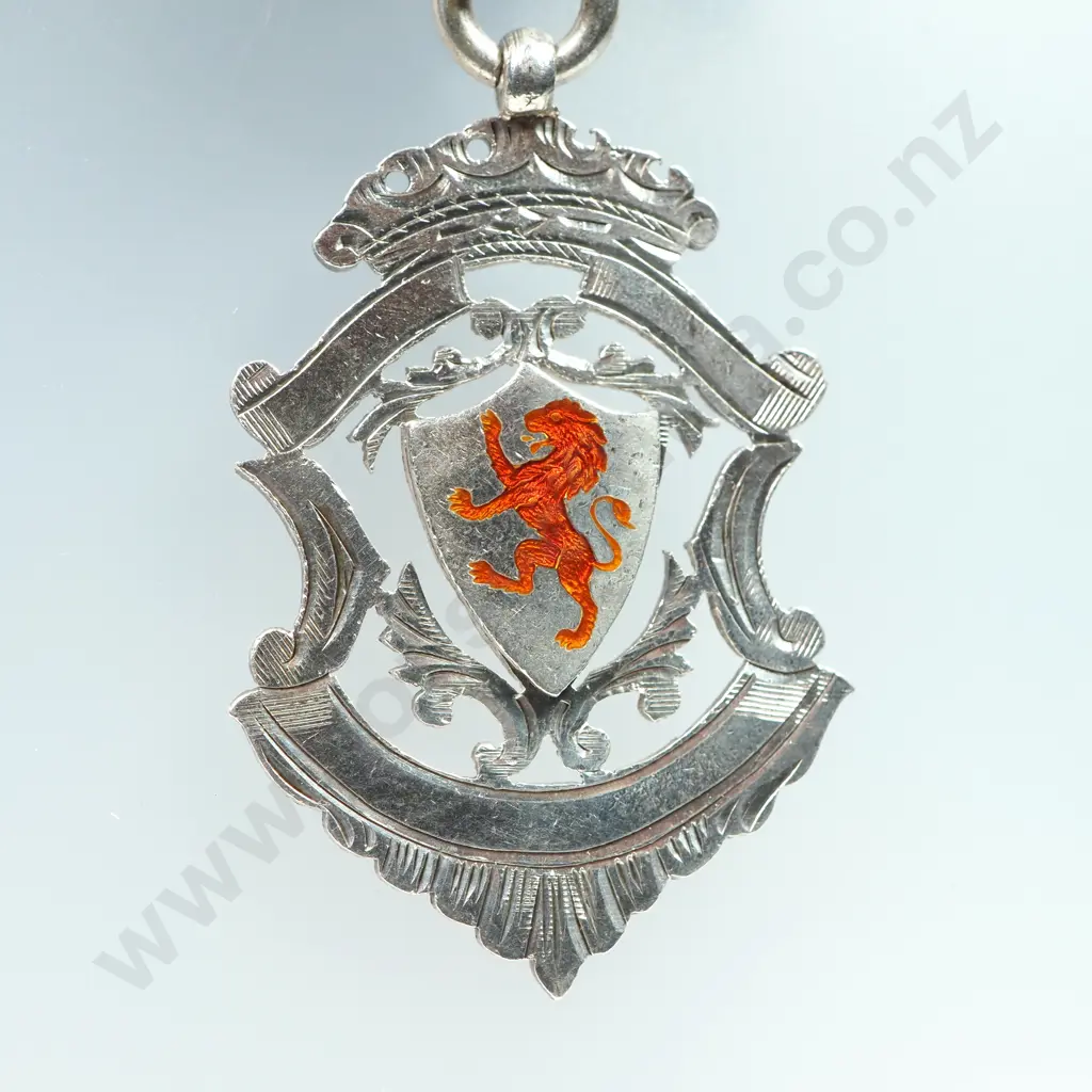 Impressive Antique Sterling Silver Fob Chain w Enamel Lion Crested Fob Image 1++