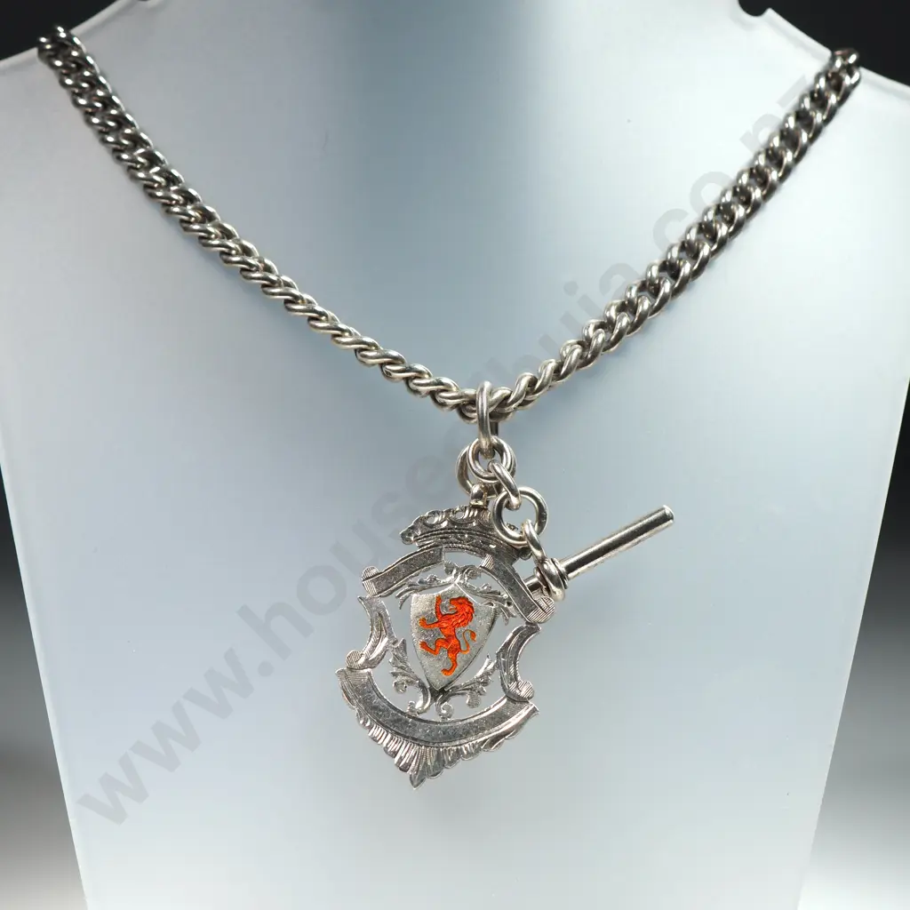 Impressive Antique Sterling Silver Fob Chain w Enamel Lion Crested Fob Image 1++