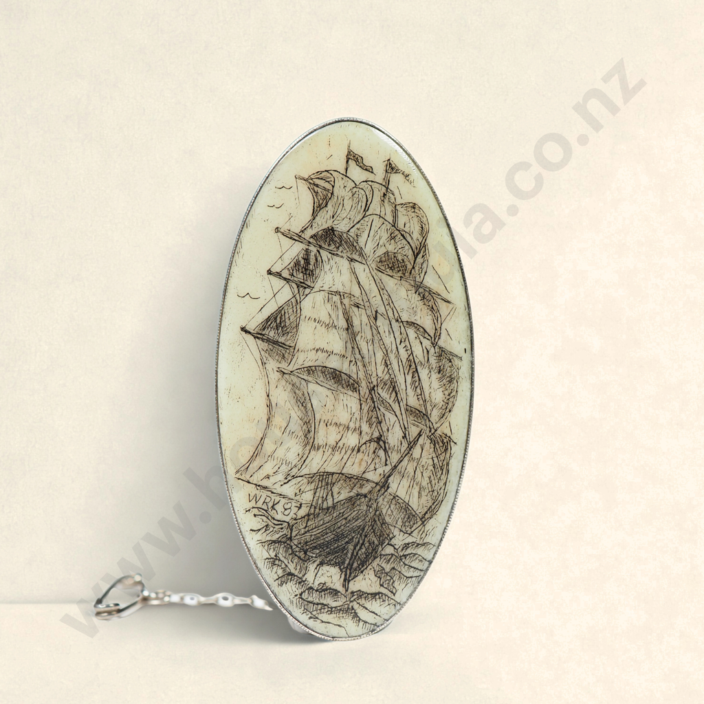 Sterling Silver & Sailing Ship Scrimshaw Brooch Image 1++
