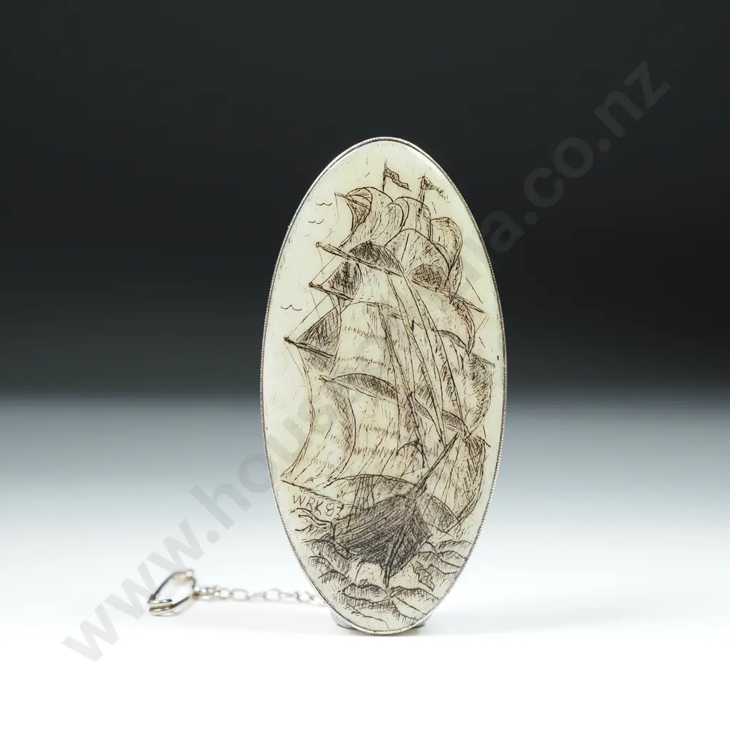 Sterling Silver & Sailing Ship Scrimshaw Brooch Image 1++