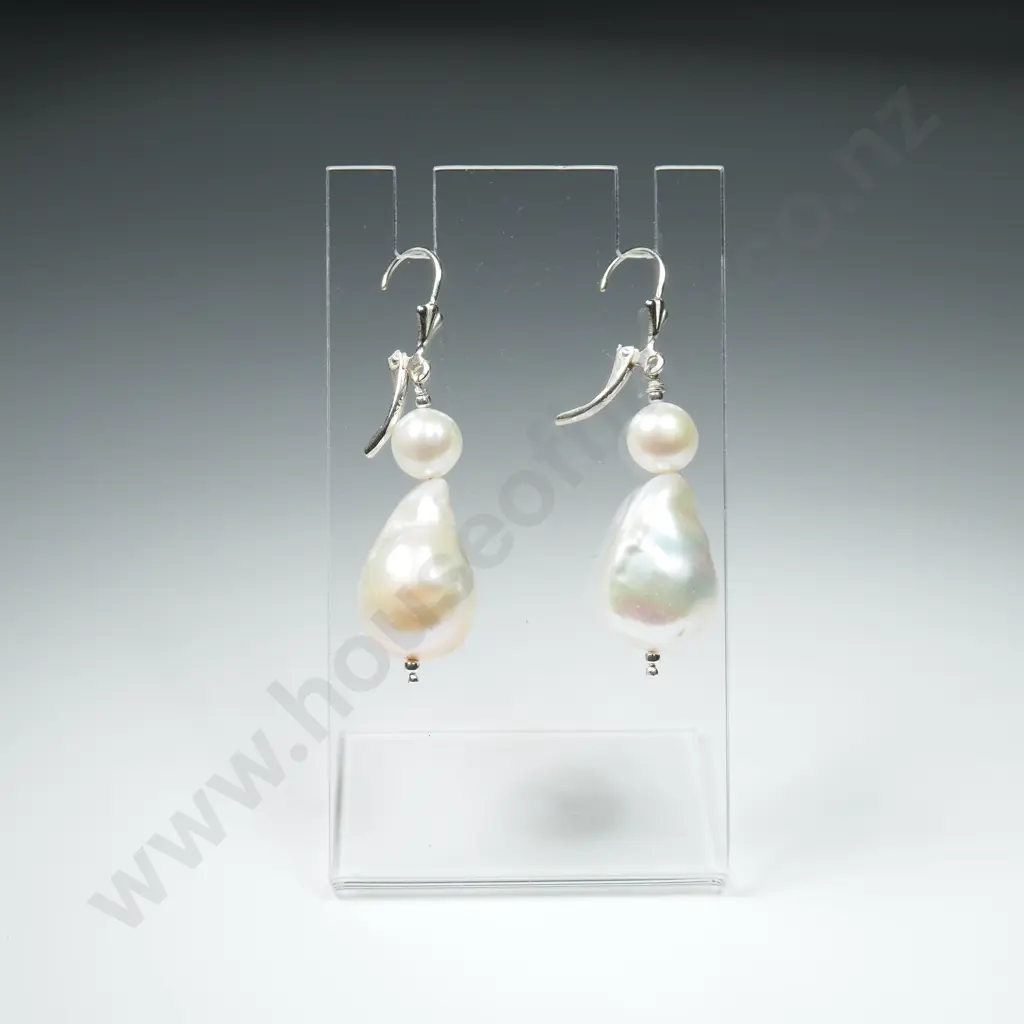 Pair of Baroque & Round Pearl Earrings on Sterling Silver Image 1++