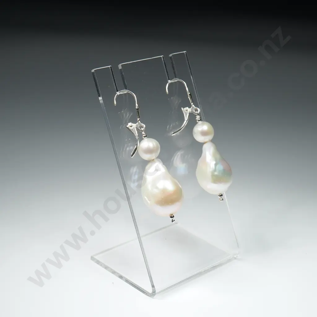 Pair of Baroque & Round Pearl Earrings on Sterling Silver Image 1++