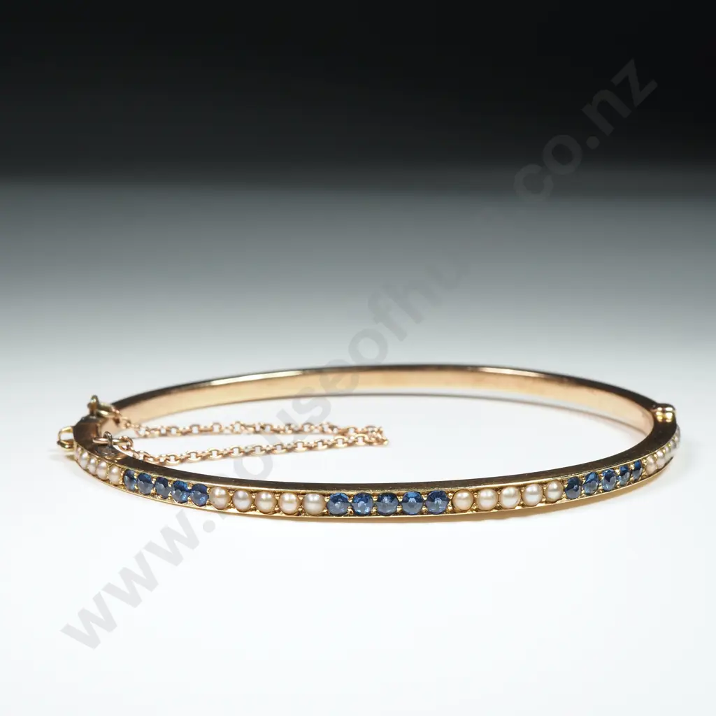 Antique 15ct Gold Sapphire & Seedpearl Bangle Image 1++