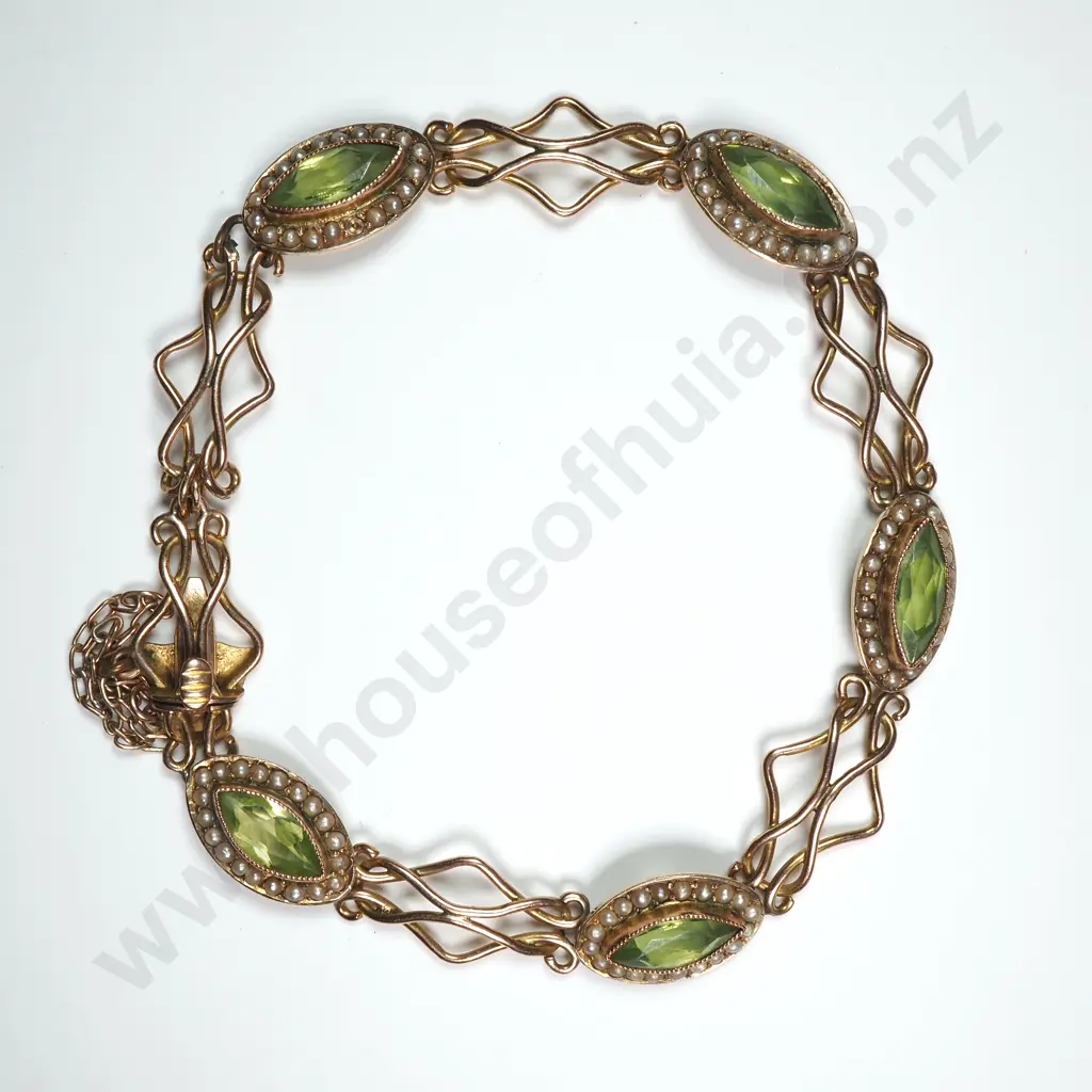 Antique 9ct Gold Peridot & Seedpearl Bracelet Image 1++