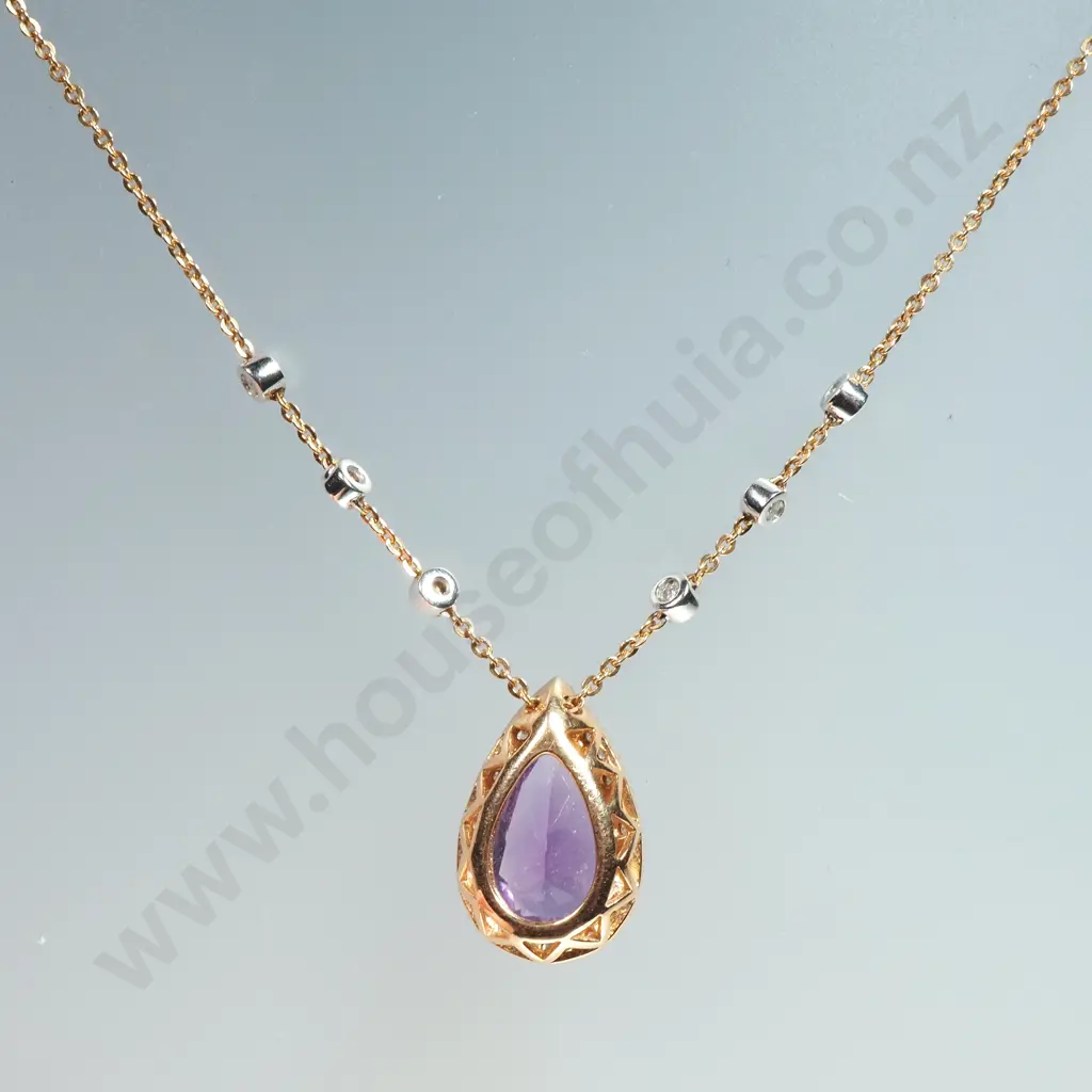 18ct Gold White & Purple Gem Pendant Necklace Image 1++