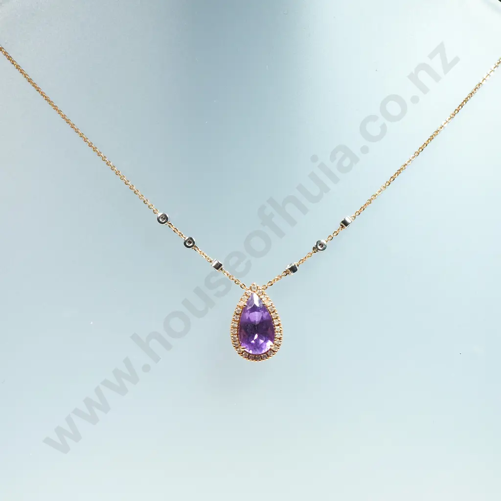 18ct Gold White & Purple Gem Pendant Necklace Image 1++