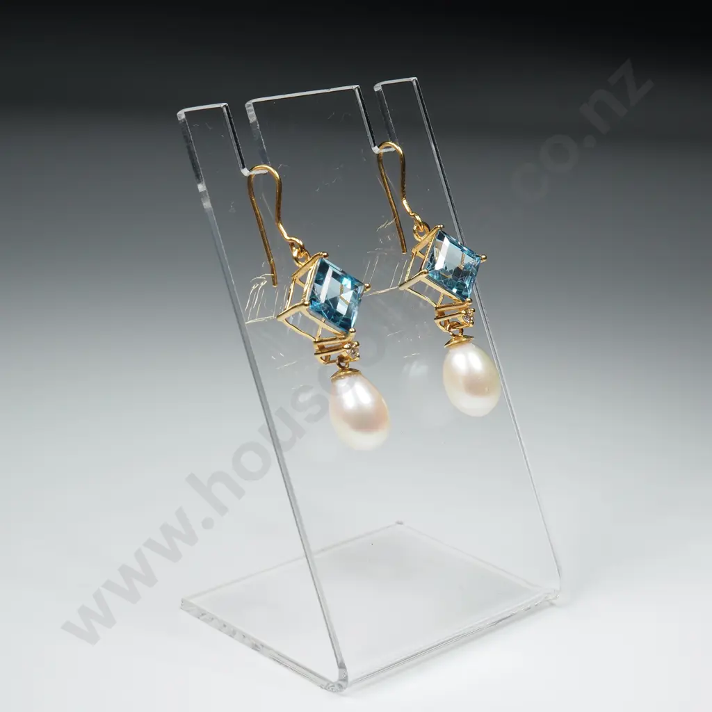 14ct Gold Diamond, Blue Topaz & Pearl Earrings Image 1++