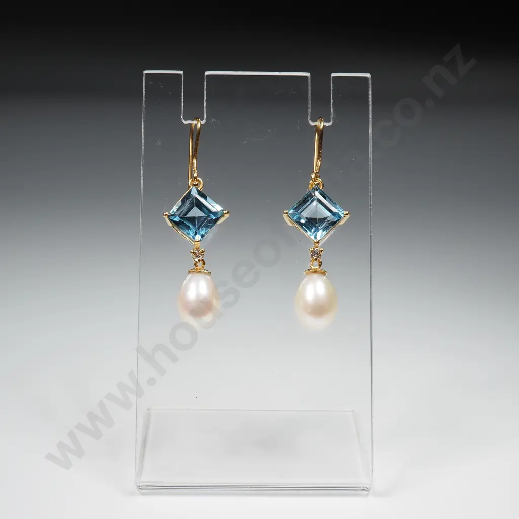 14ct Gold Diamond, Blue Topaz & Pearl Earrings Image 1++
