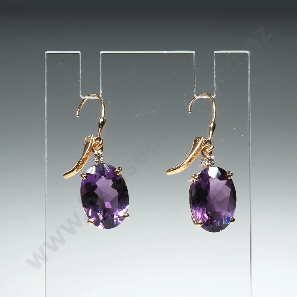 14ct Gold Diamond & Amethyst Earrings Image 1++